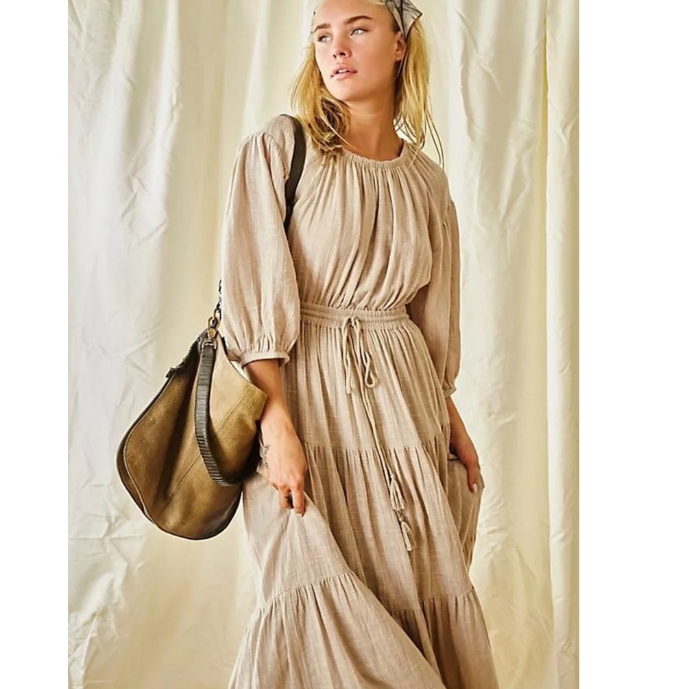 New Free People Ibiza Sun Dress MIDI $118 SMALL Mushroom Boho Tiered – Timeless Treasurz