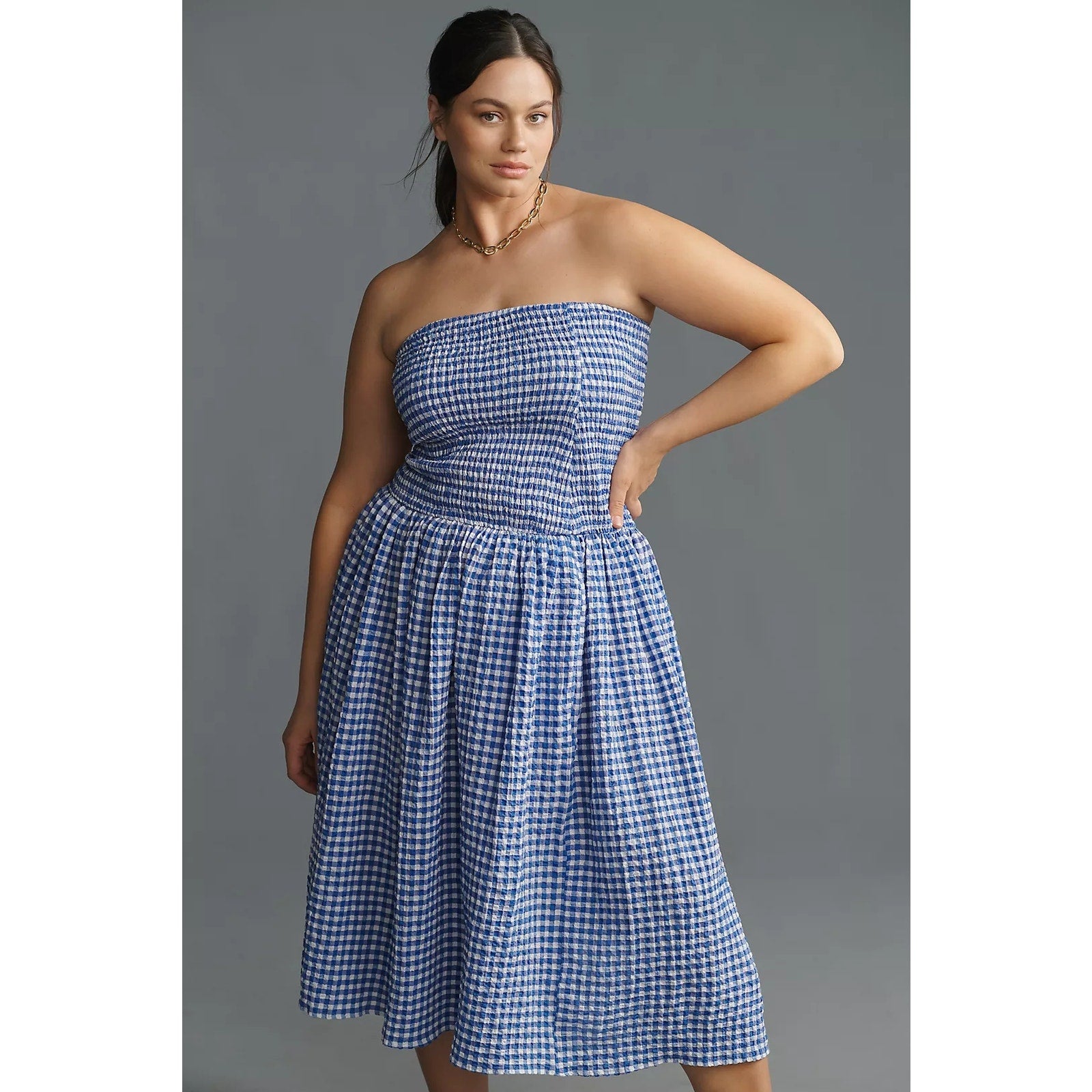 Anthropologie Maeve Strapless Smocked Midi Dress PLUS 1X Blue Gingham – Timeless Treasurz