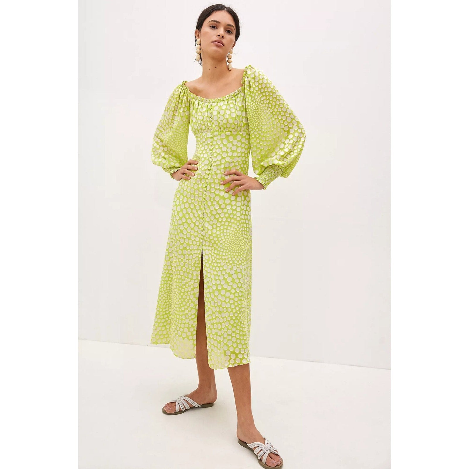 anthropologie light green dress New EXQUISE Meryl Long Sleeve Midi $218 XS G – Timeless Treasurz neckline Tiered silhouette Back Color:bright red Black Sweetheart Ruffle Tiered Livia