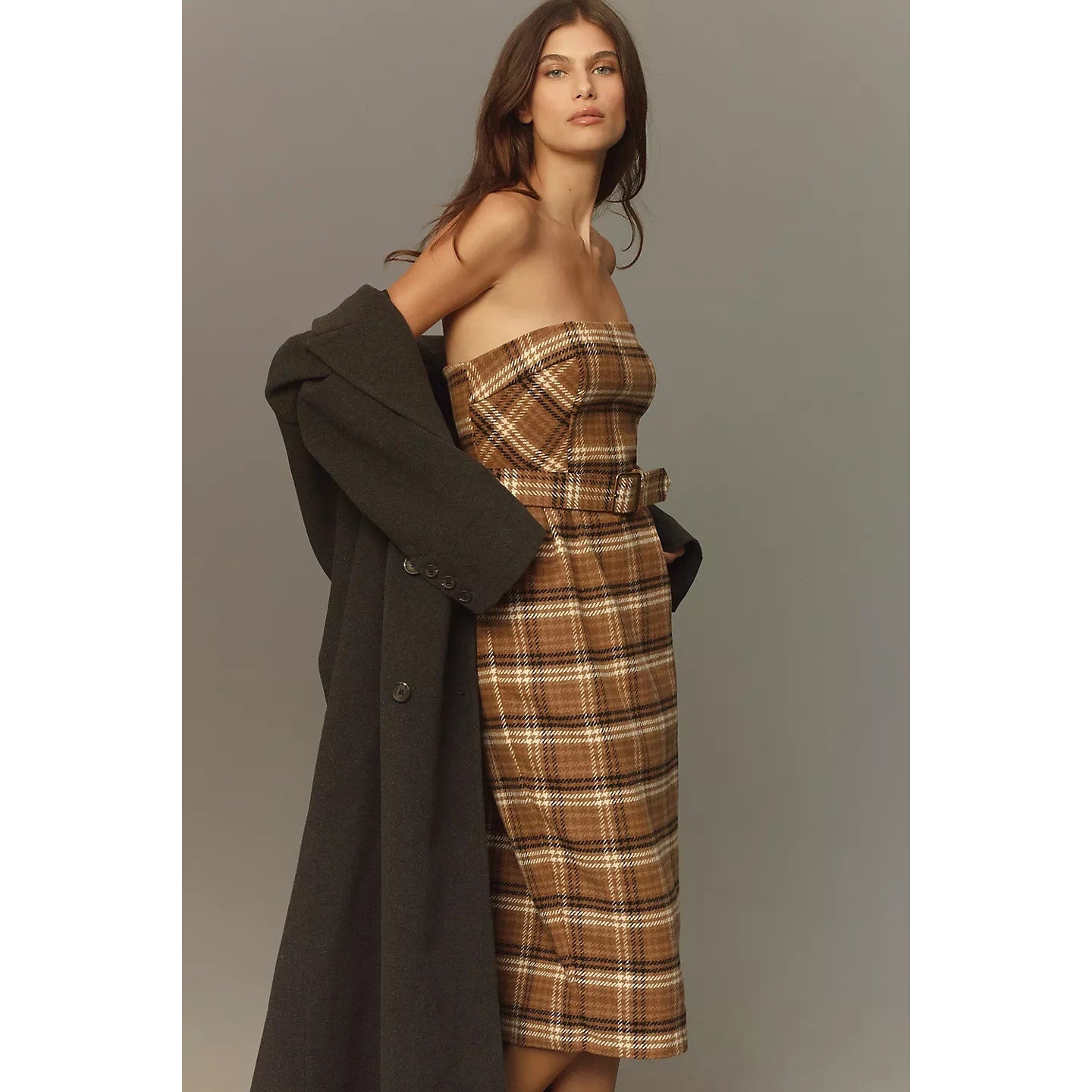 anthropologie brown strapless dress Belted Midi $178 SIZE 4 PLAID WOOL – Timeless Treasurz Material:Suede calf leather 57approx Please note bkus10%-50%swimwear City Of Luxe Long