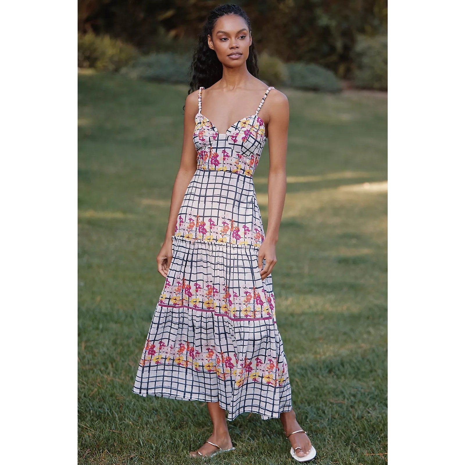 ANTHROPOLOGIE Ro's Garden Brittany Tiered Midi Dress SMALL Black Motif