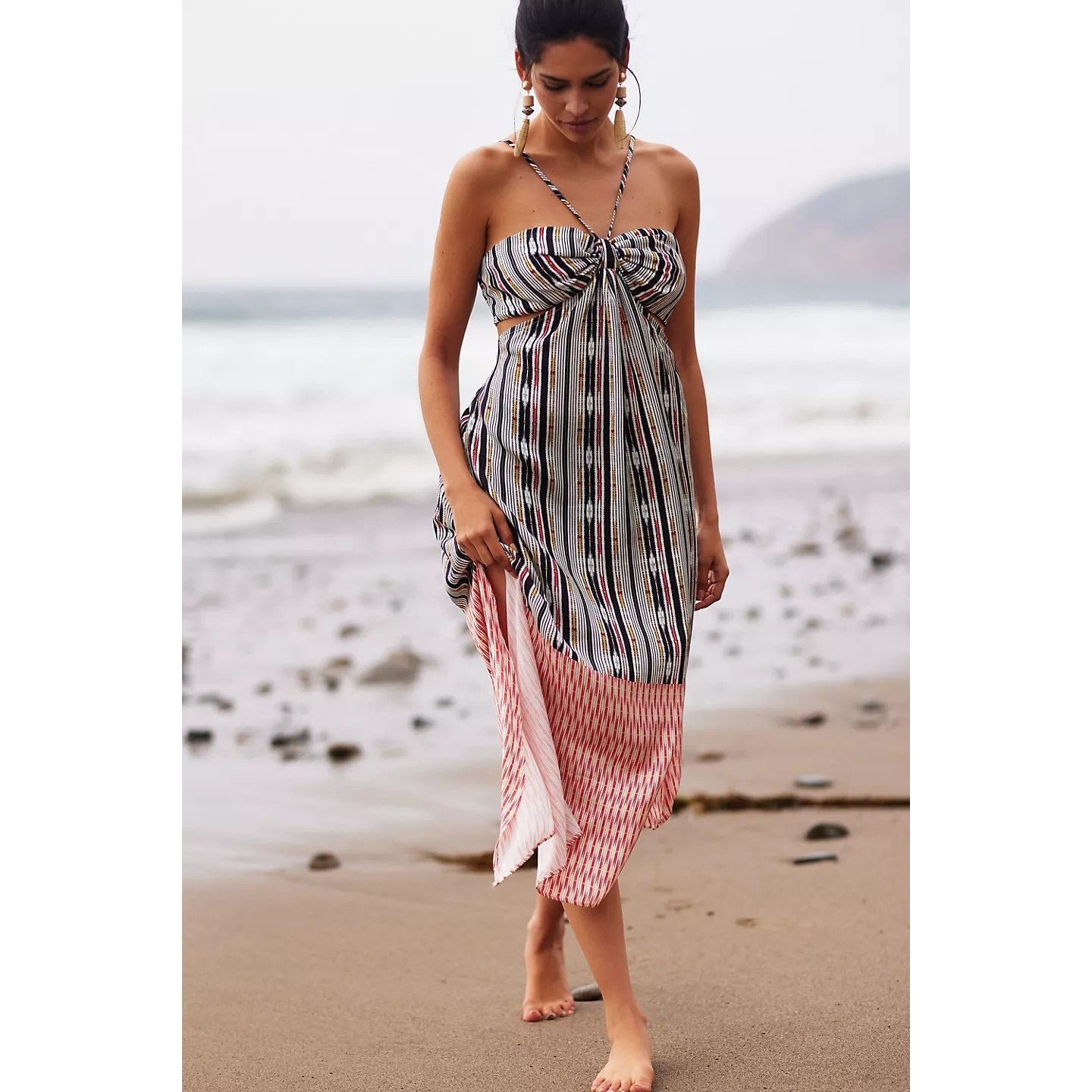 New Anthropologie Bare Cutout Maxi Dress $118 SMALL Black Motif Striped