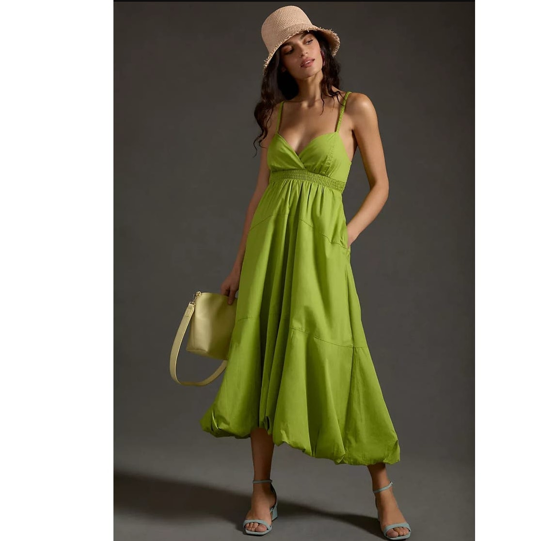 anthropologie green midi dress Anthropologie Mare Mare Green Satin Fit and Flare Midi Dress by Mare Mare