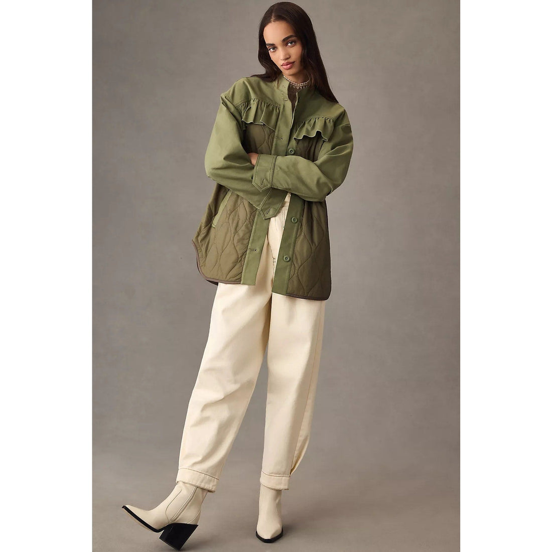 Moss green quilted ruffled shacket, button front, long sleeves