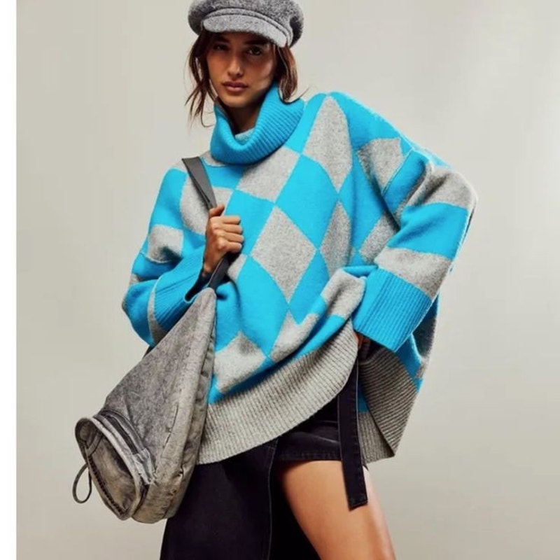 Blue-gray argyle turtleneck pullover sweater with ribbed cuffs and hem