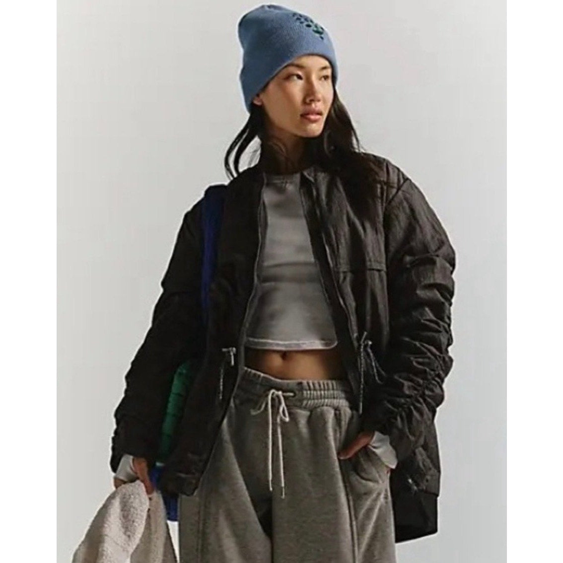 Lightweight puffer jacket, dark black, zip-front, quilted panels, elastic cuffs