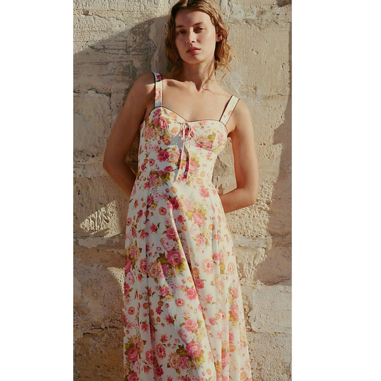 Anthropologie Maeve Sweetheart Printed Midi Dress LARGE Ivory & Pink Anthropologie