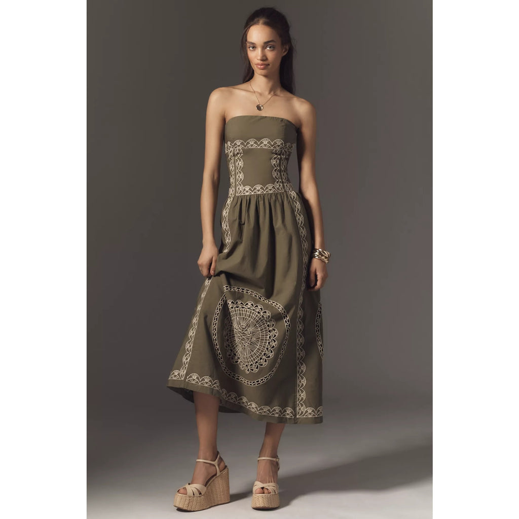 Anthropologie Strapless Drop-Waist Embroidered Midi Dress Medium Olive Anthropologie