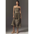 Anthropologie Strapless Drop-Waist Embroidered Midi Dress Medium Olive Anthropologie
