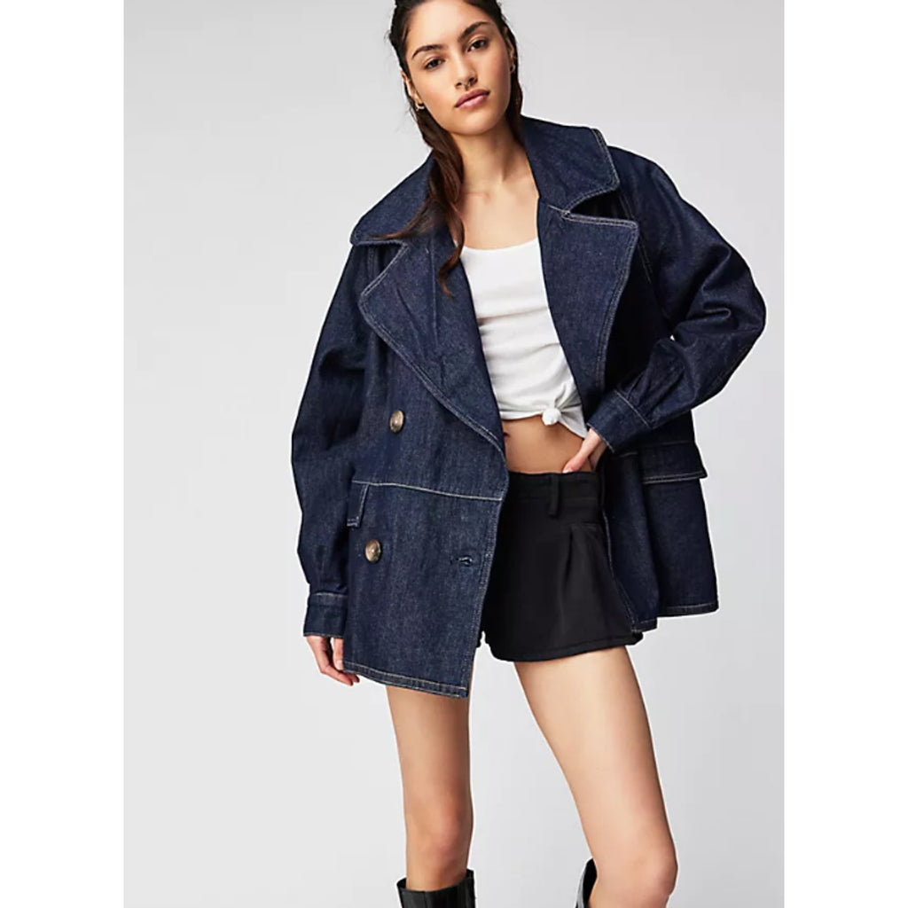New FREE PEOPLE Denim Car Coat $148 SMALL Dark Blue Indigo