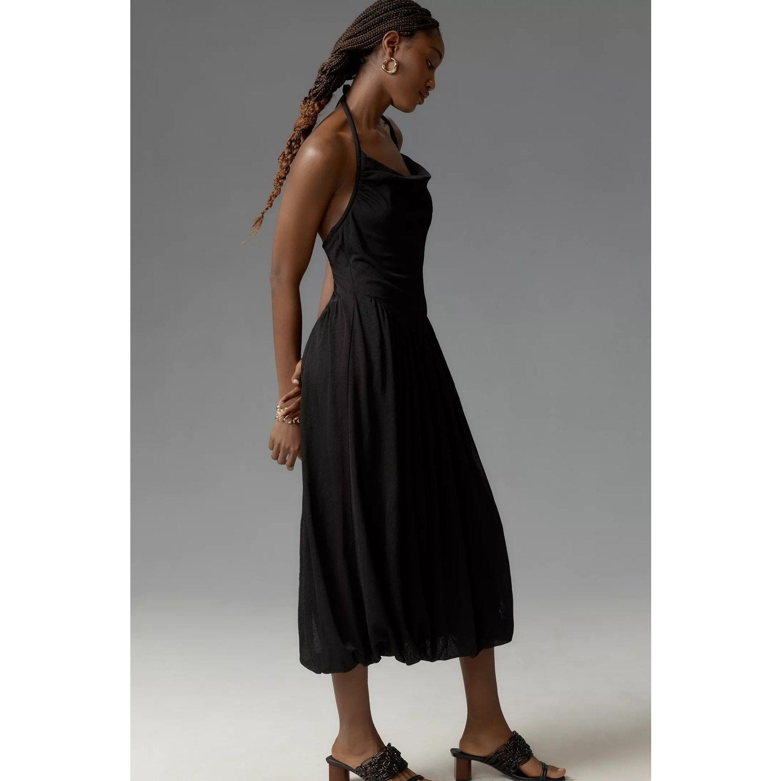 Anthropologie Cowl-Neck Bubble-Hem Midi Dress Size 12 Black Anthropologie