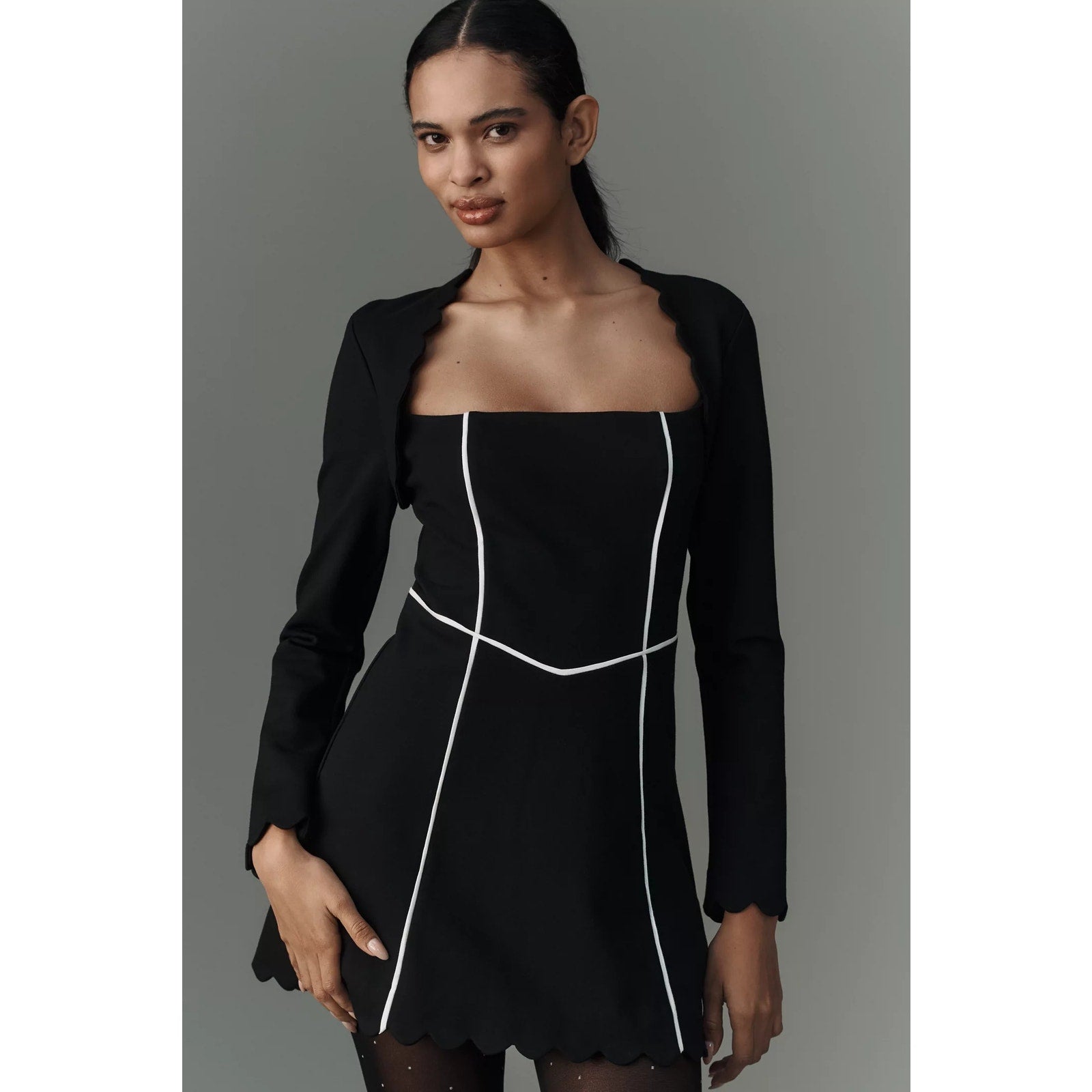 New Anthropologie Maeve Square-Neck Scalloped Hem Long-Sleeve Mini Dress $158