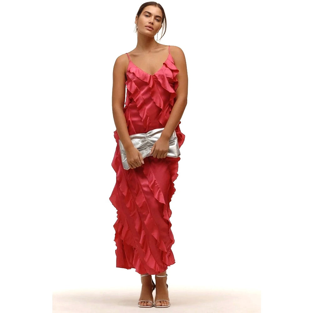 New By Anthropologie Bias-Cut Ruffled Midi Dress $198 X-LARGE Pink V-neck