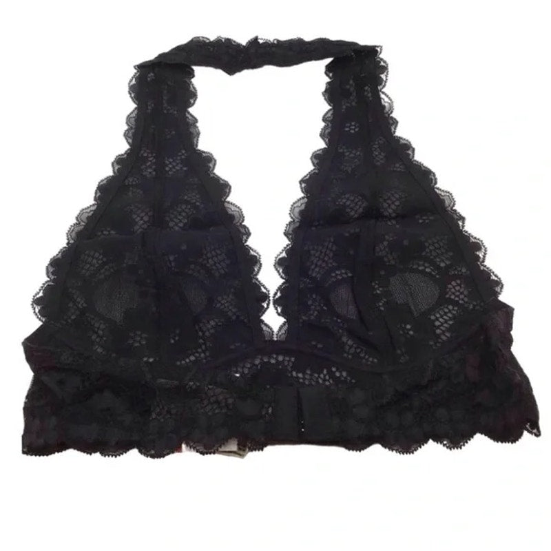 New Free People Galoon Lace Halter Neck Bra $38 Black Sz Small