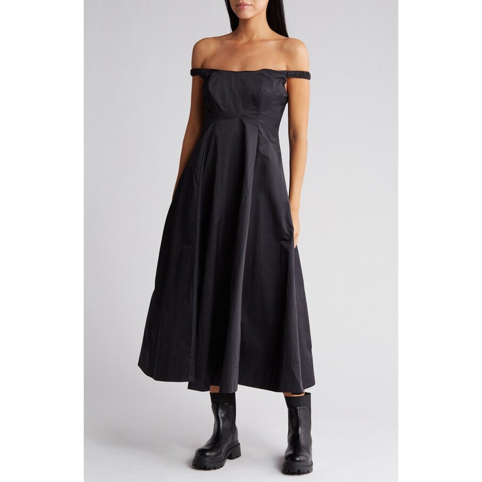 New Free People Alinda Midi Dress $228 SIZE 4 Shiny Black Off-The-Shoulder