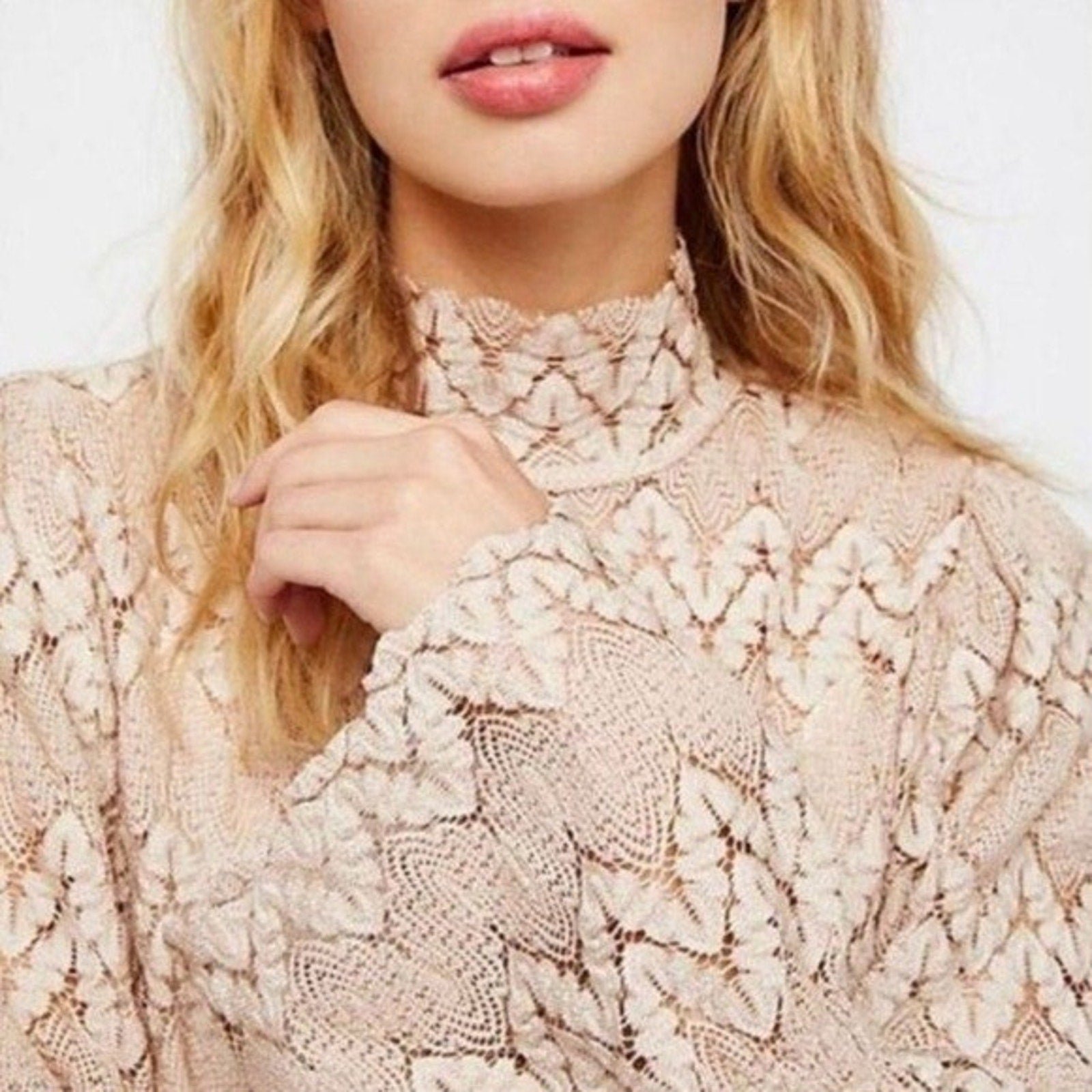 New Free People Simone Neutral Crochet Lace Mini Dress $128 Small Mock Taupe