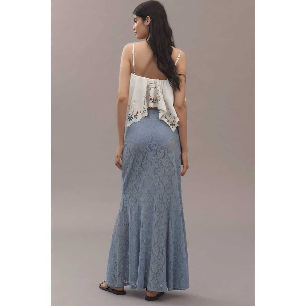 Anthropologie Sheer Tiered Lace Maxi Skirt Small Blue Floral Anthropologie