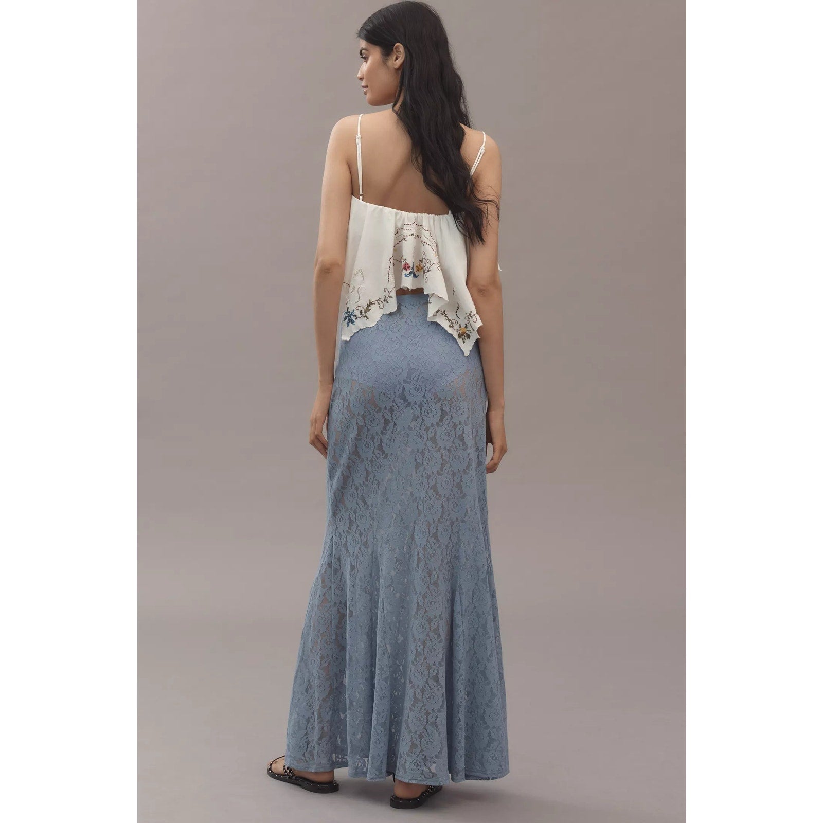 Anthropologie Sheer Tiered Lace Maxi Skirt Small Blue Floral Anthropologie
