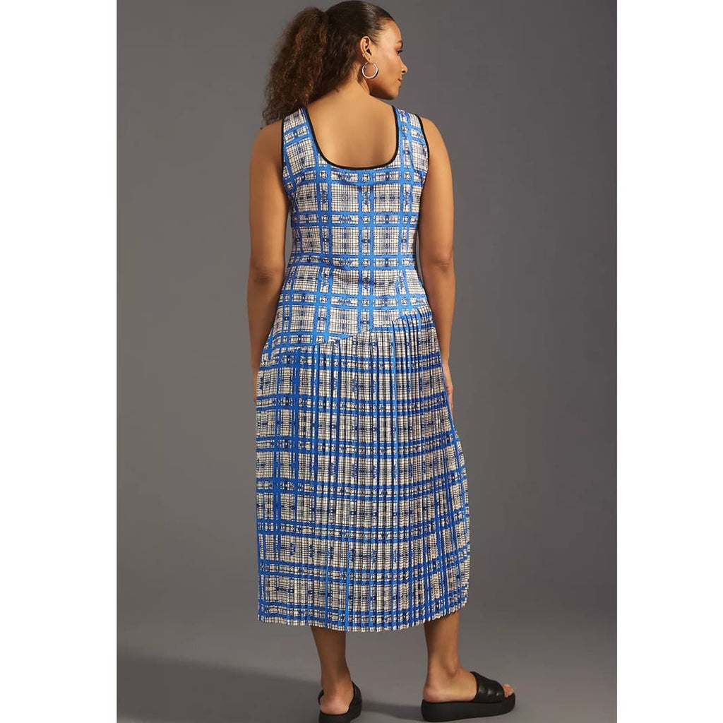 New Anthropologie Dhruv Kapoor Plaid Mesh Midi Dress $210 Blue X-Large Petite