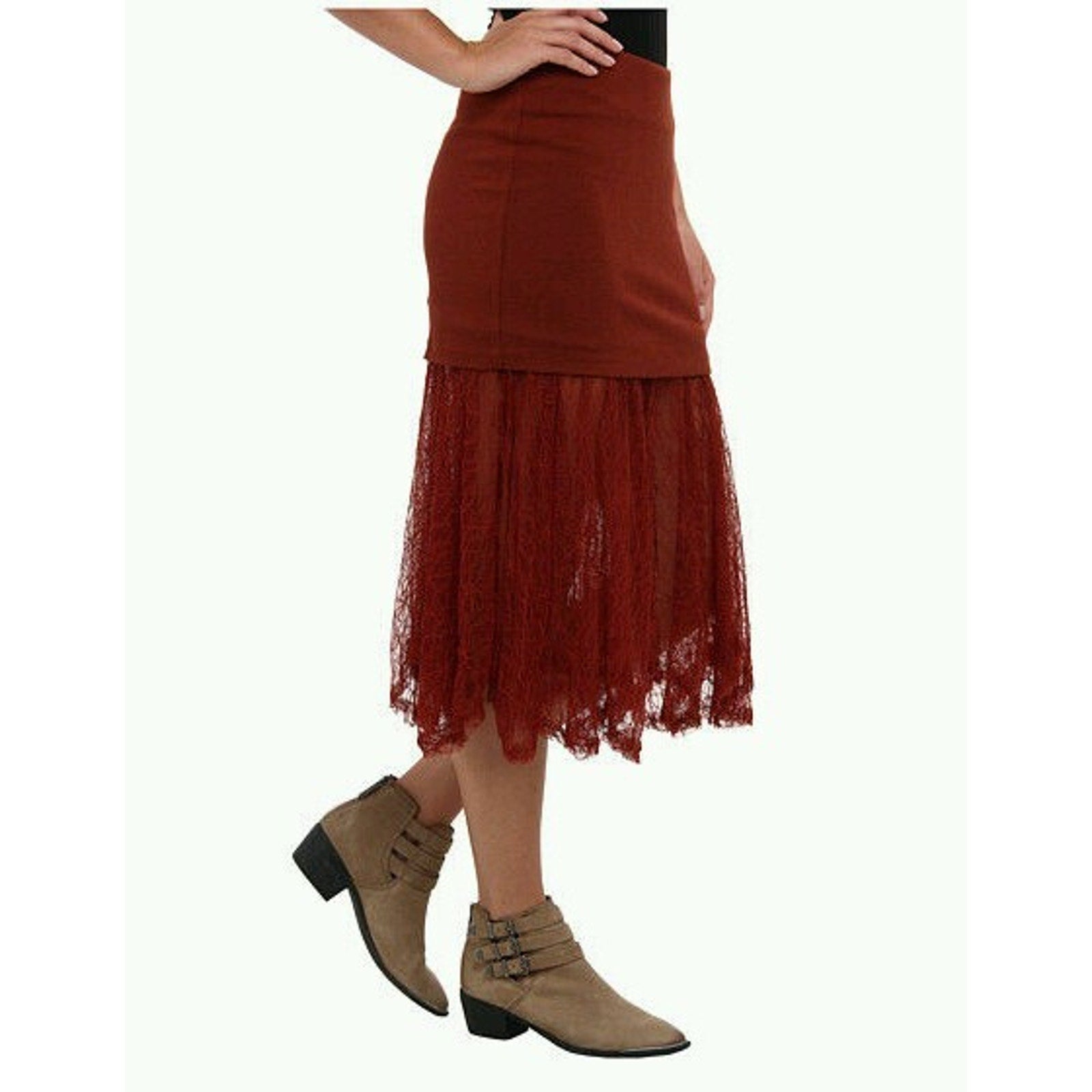 New Free People Two For One Sheer Lace Bottom Midi Skirt Rust Red Rust X-SMALL