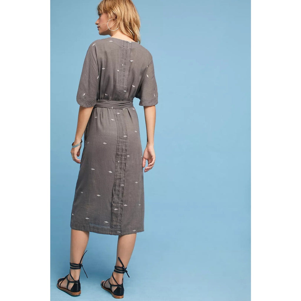 Anthropologie MIRTH Krabi Jamdani Wrap Midi Dress S/M 2-6 Gray Mirth