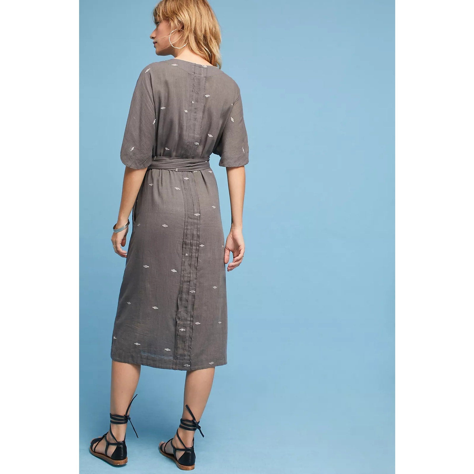 Anthropologie MIRTH Krabi Jamdani Wrap Midi Dress S/M 2-6 Gray Mirth