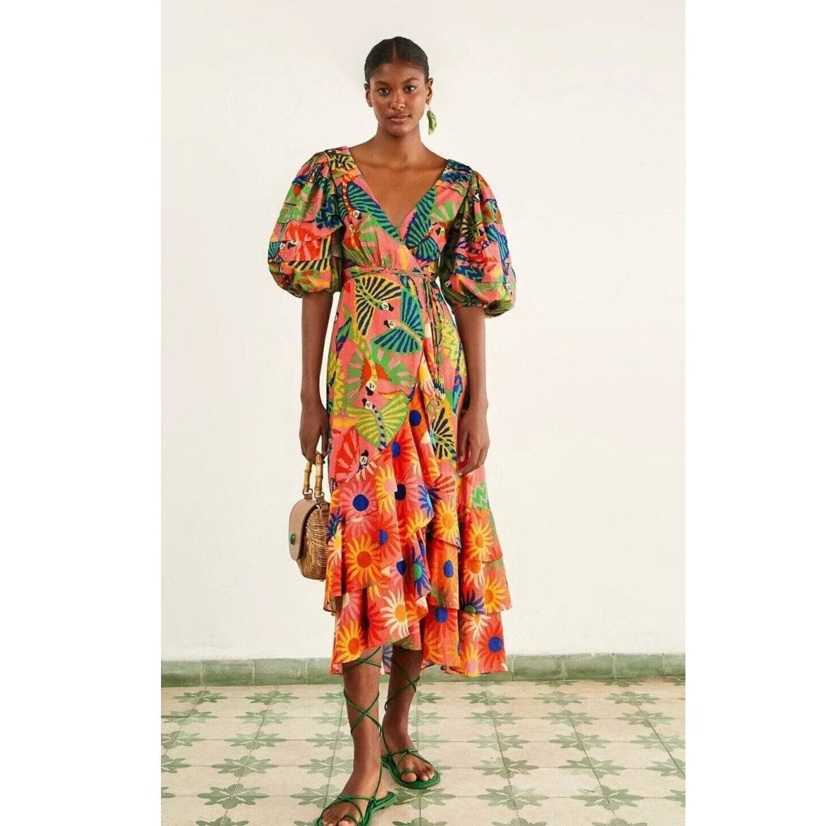 Anthropologie Farm Rio Macaw Ruffled Wrap Dress $250 XS SMALL Coral