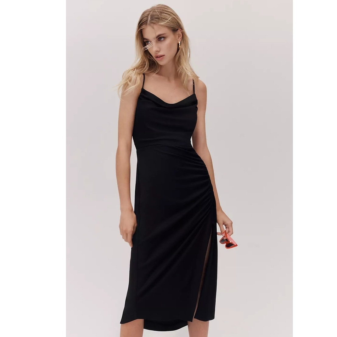 New By Anthropologie Cowl-Neck Ruched Dress $160 X-SMALL Black Asymmetrical
