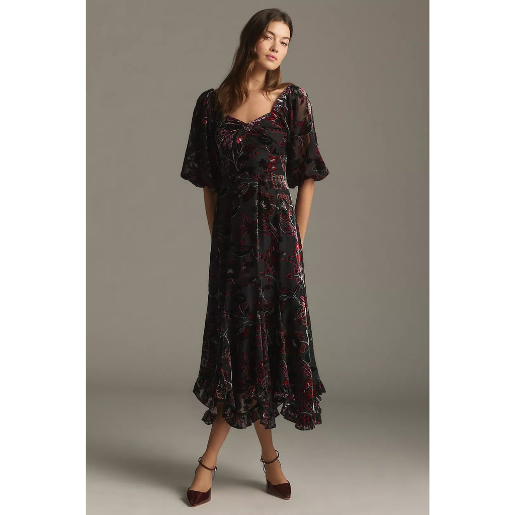 New ANTHROPOLOGIE  Hutch Printed Twist-Front Puff-Sleeve Ruffle-Hem Dress $228 S