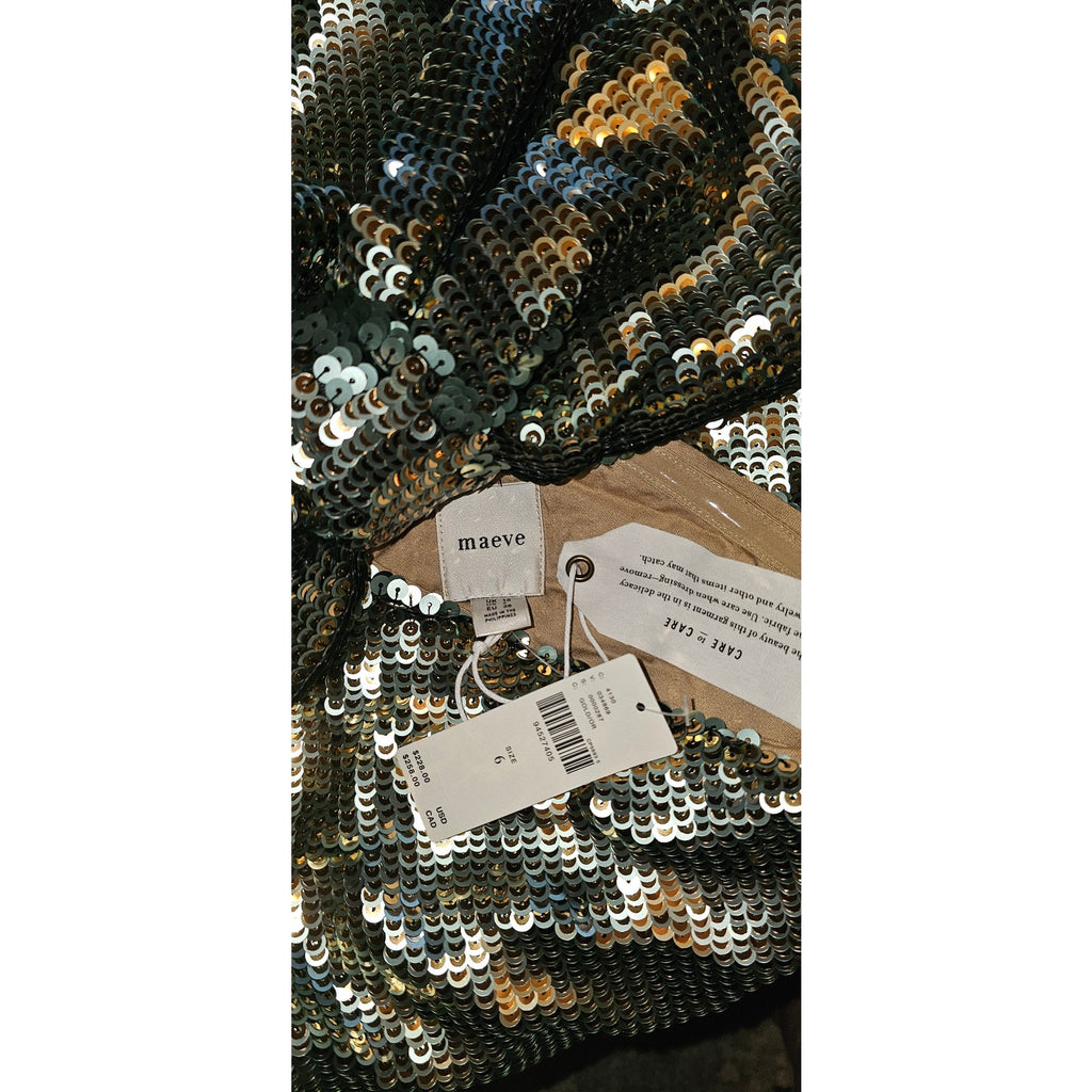 New ANTHROPOLOGIE Maeve One-Shoulder Sequin Mini Dress $228 SIZE 6 Gold PARTY
