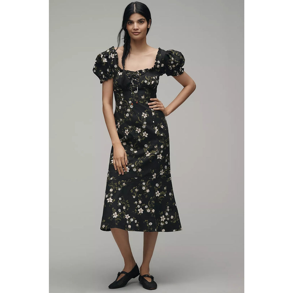 Anthropologie Maeve Linen Blend Puff-Sleeve Sweetheart Midi Dress SMALL Anthropologie