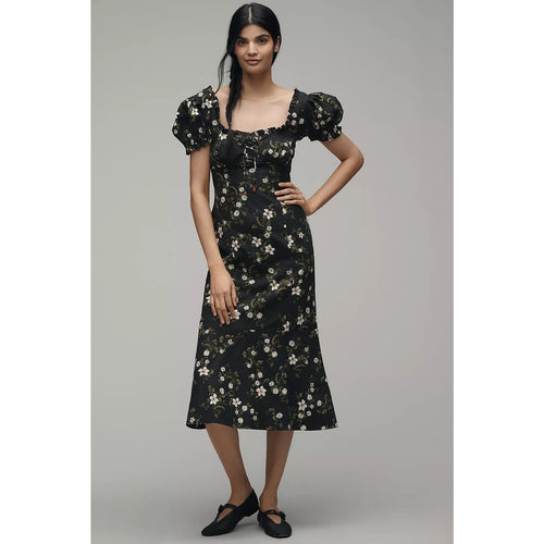 Black floral midi dress with sweetheart neckline and puff sleeves, fitted bodice