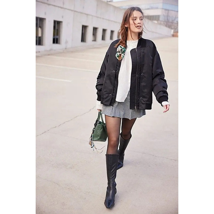 New FREE PEOPLE Keep Sake Bomber Jacket $398 LARGE Black Relaxed Oversized