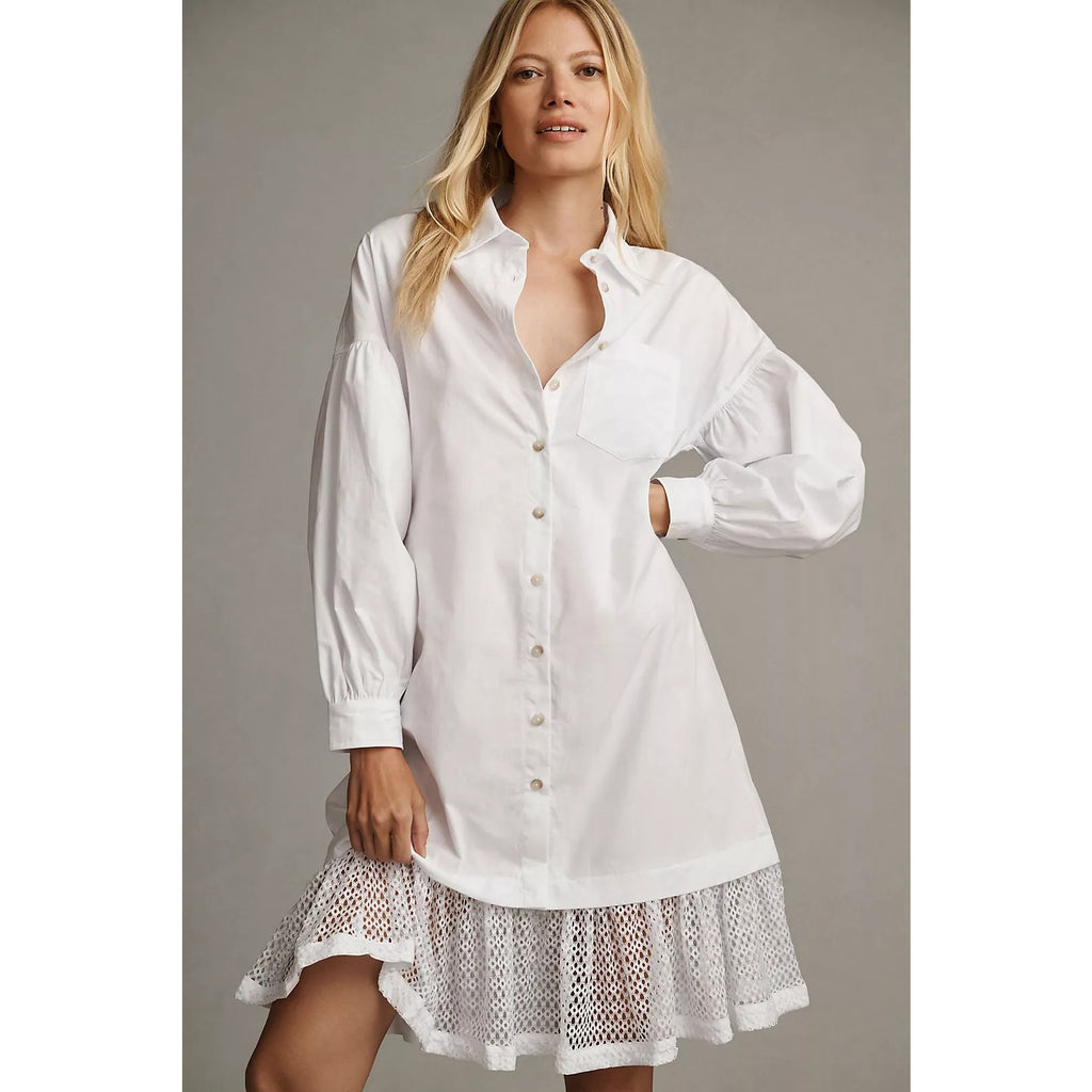 Anthropologie Maeve Lace-Hem Shirt Dress $160 SMALL White