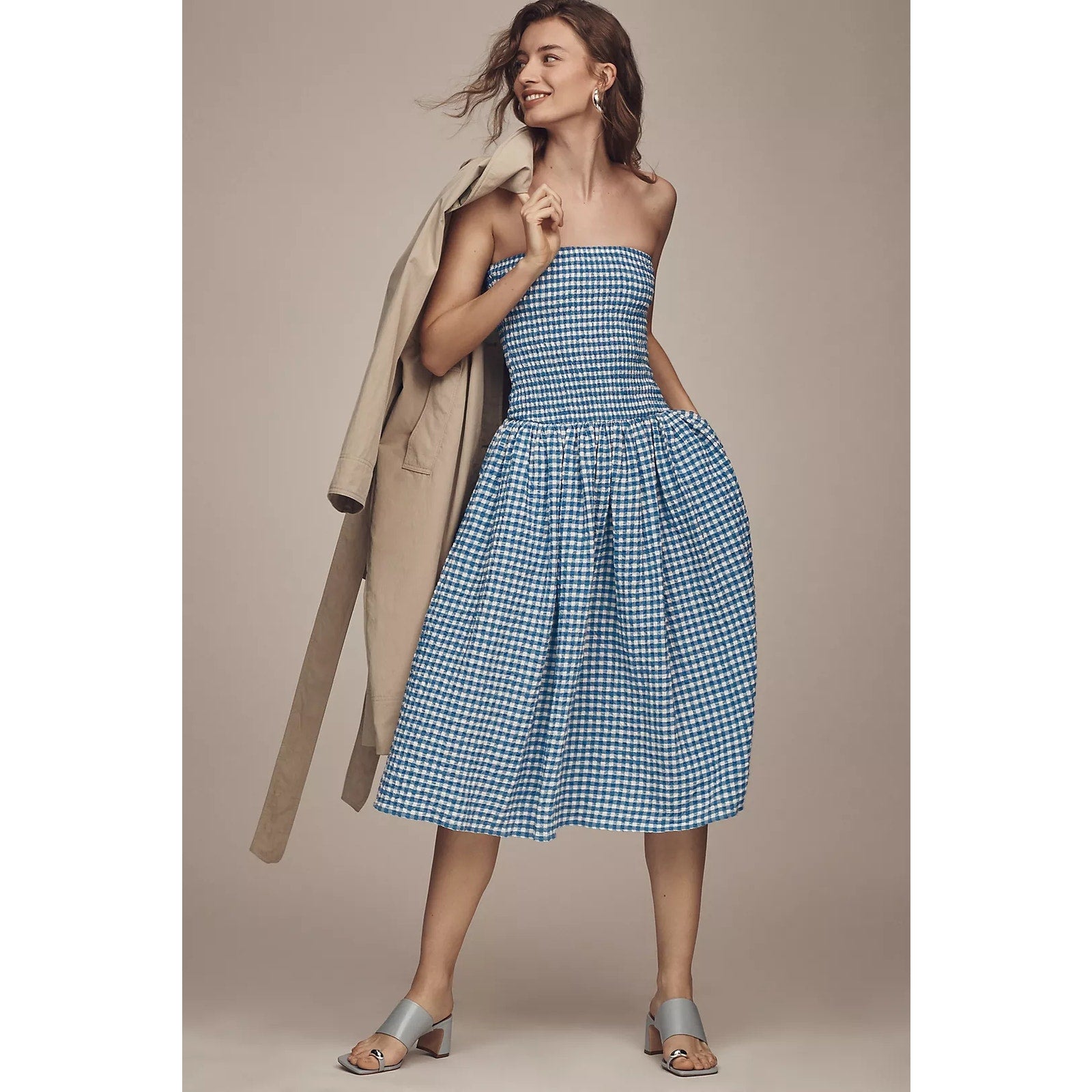 Anthropologie Maeve Strapless Smocked Midi Dress LARGE Blue Gingham Anthropologie