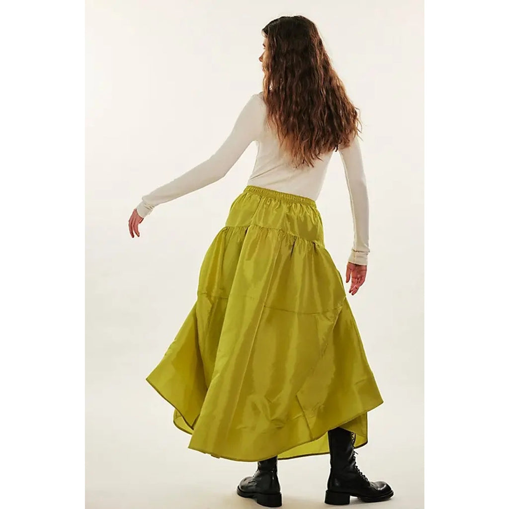 FREE PEOPLE Emery Drop-Waist Midi Skirt LARGE Lentil Sprout Elastic Free People