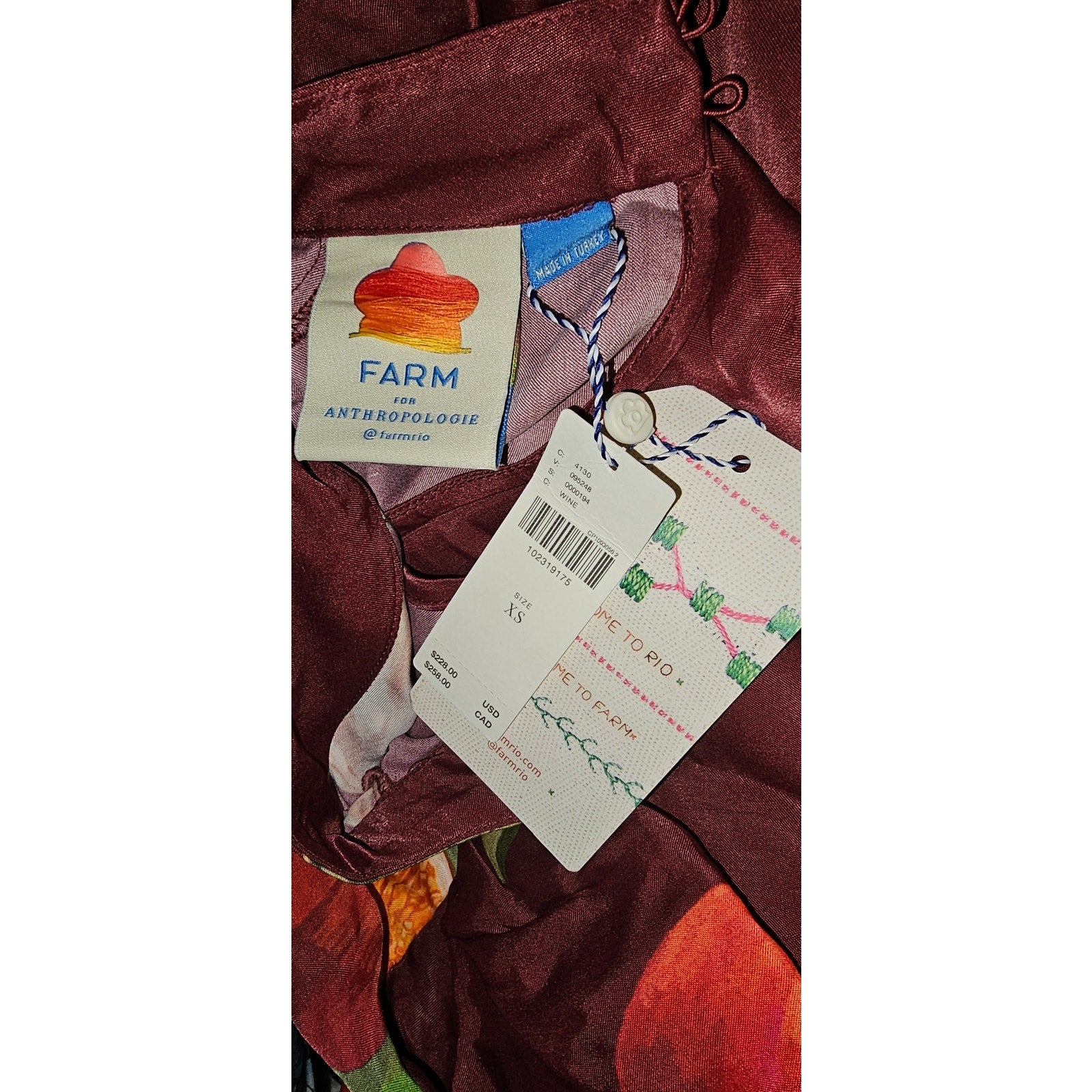 New Farm Rio x Anthropologie Printed Mini Dress $228 X-SMALL Wine LONG-SLEEVE