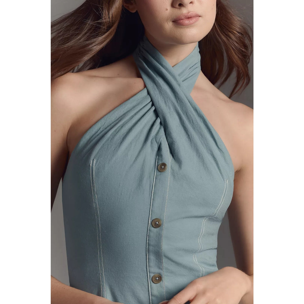 Anthropologie Maeve Twist-Halter Linen Blend Mini Dress $148 X-SMALL Blue