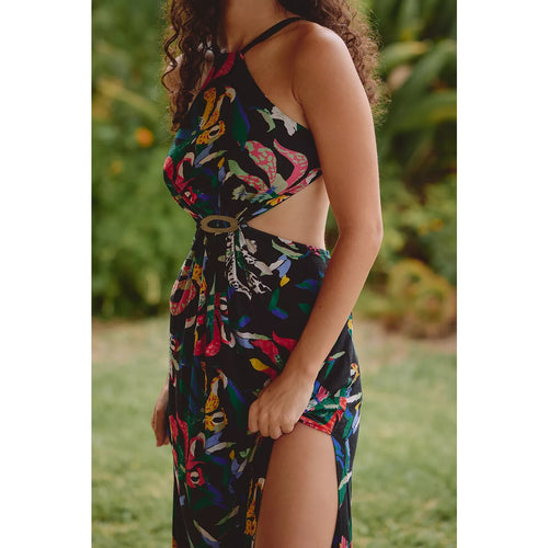 ANTHROPOLOGIE Celandine Marambia Cutout Maxi Dress LARGE Black Multi Anthropologie