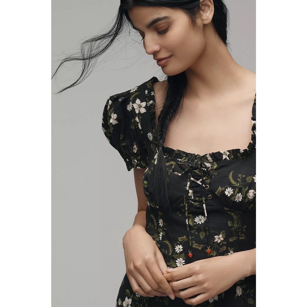 Anthropologie Maeve Linen Blend Puff-Sleeve Sweetheart Midi Dress SMALL Anthropologie