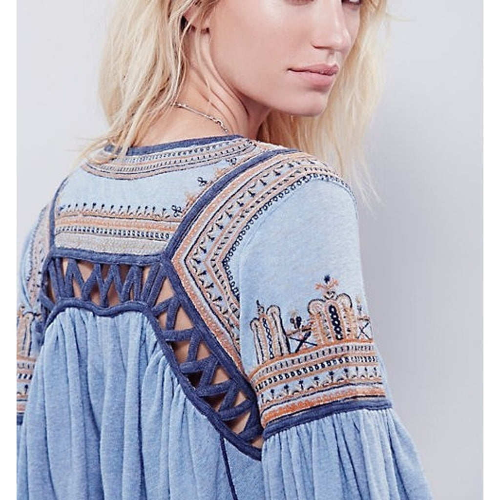 New Free People Snow Kisses Embroidered Long Sleeve Blouse $128 Medium Blue Boho
