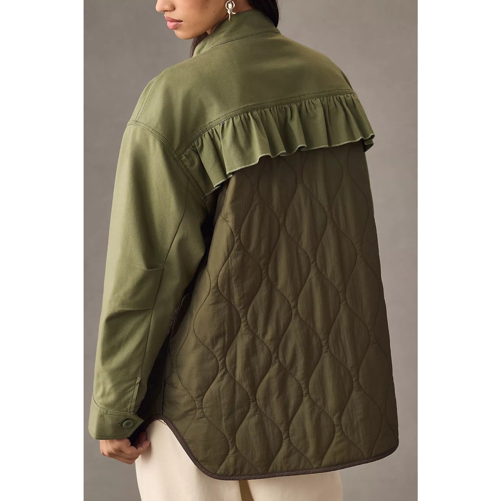 New By Anthropologie Quilted Ruffled Shacket $178 X-SMALL Moss MILITARY INSPIRED
