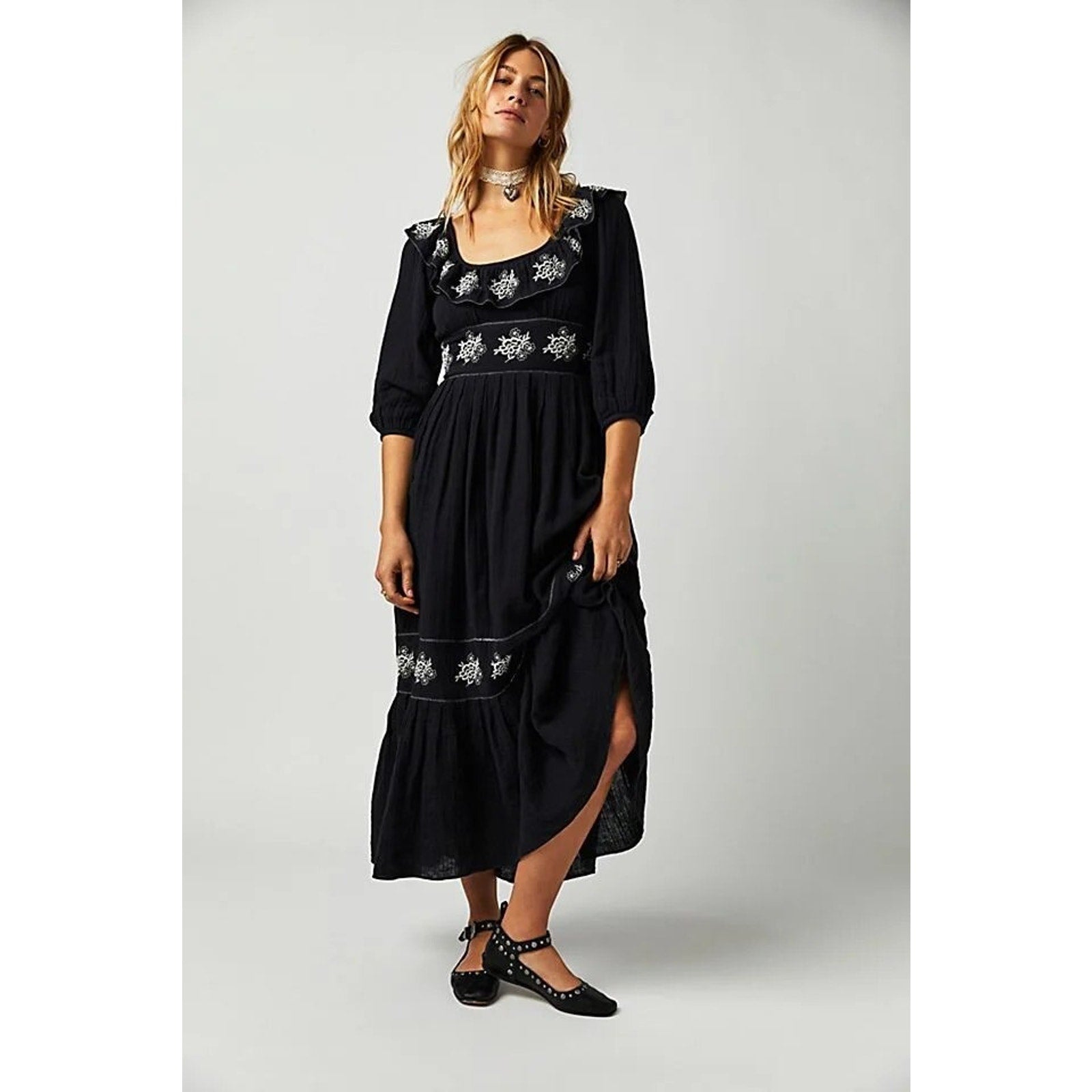 New Free People Lovers Lane Maxi Dress Ruffle Embroidery Floral Smocked Black XS