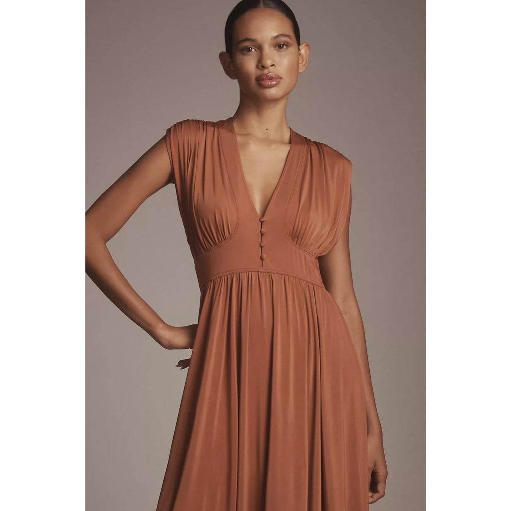 Anthropologie V-Neck A-Line Midi Dress JERSEY X-SMALL Honey Anthropologie