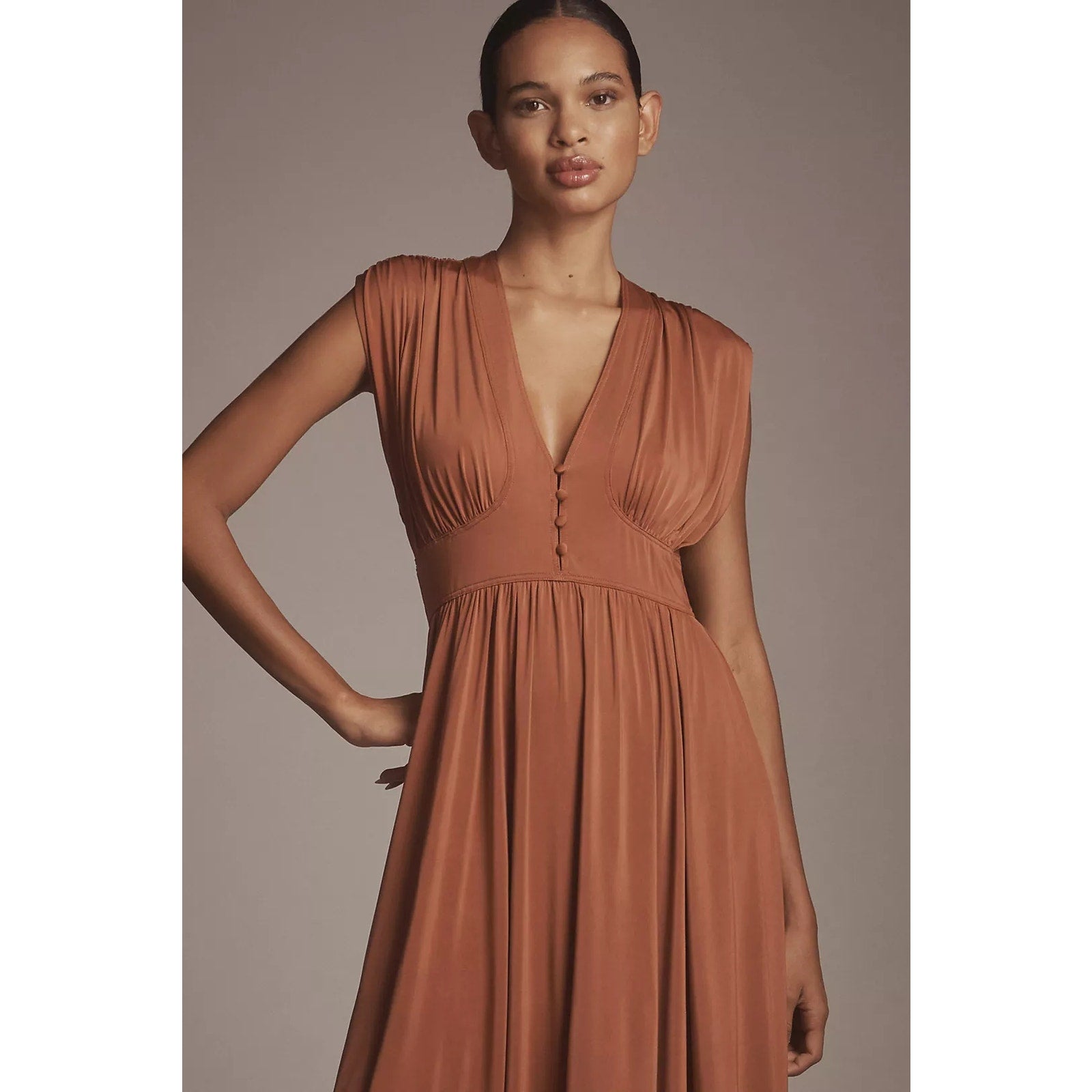 Anthropologie V-Neck A-Line Midi Dress JERSEY X-SMALL Honey Anthropologie