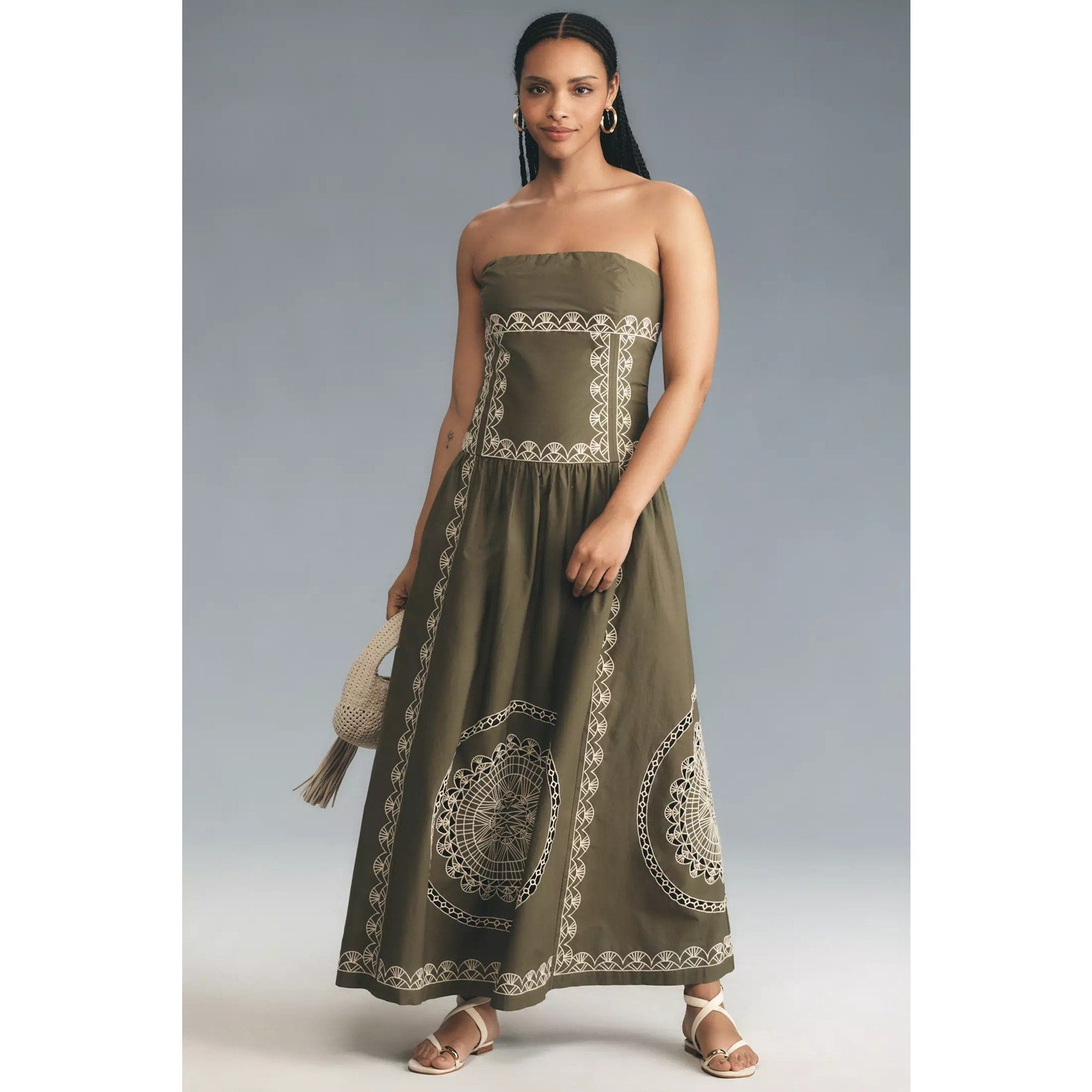 Anthropologie Strapless Drop-Waist Embroidered Midi Dress Large Olive Anthropologie