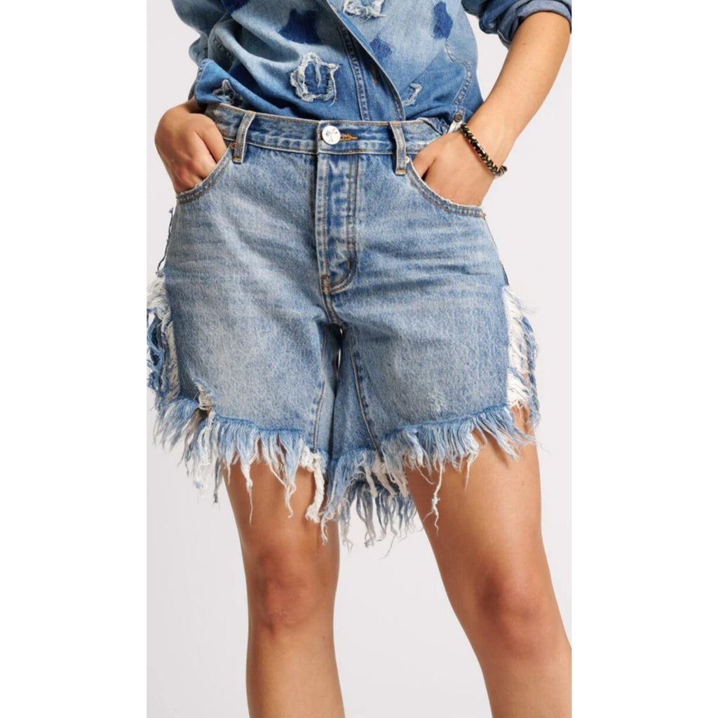 New Free People One Teaspoon $120 Hollywood Frankies Long Length Denim Shorts 24