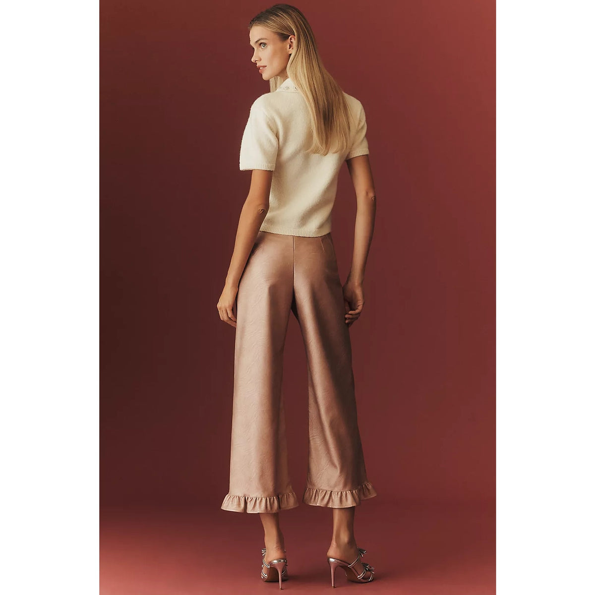 Rose metallic faux leather wide-leg crop pants with ruffle hems and high waist
