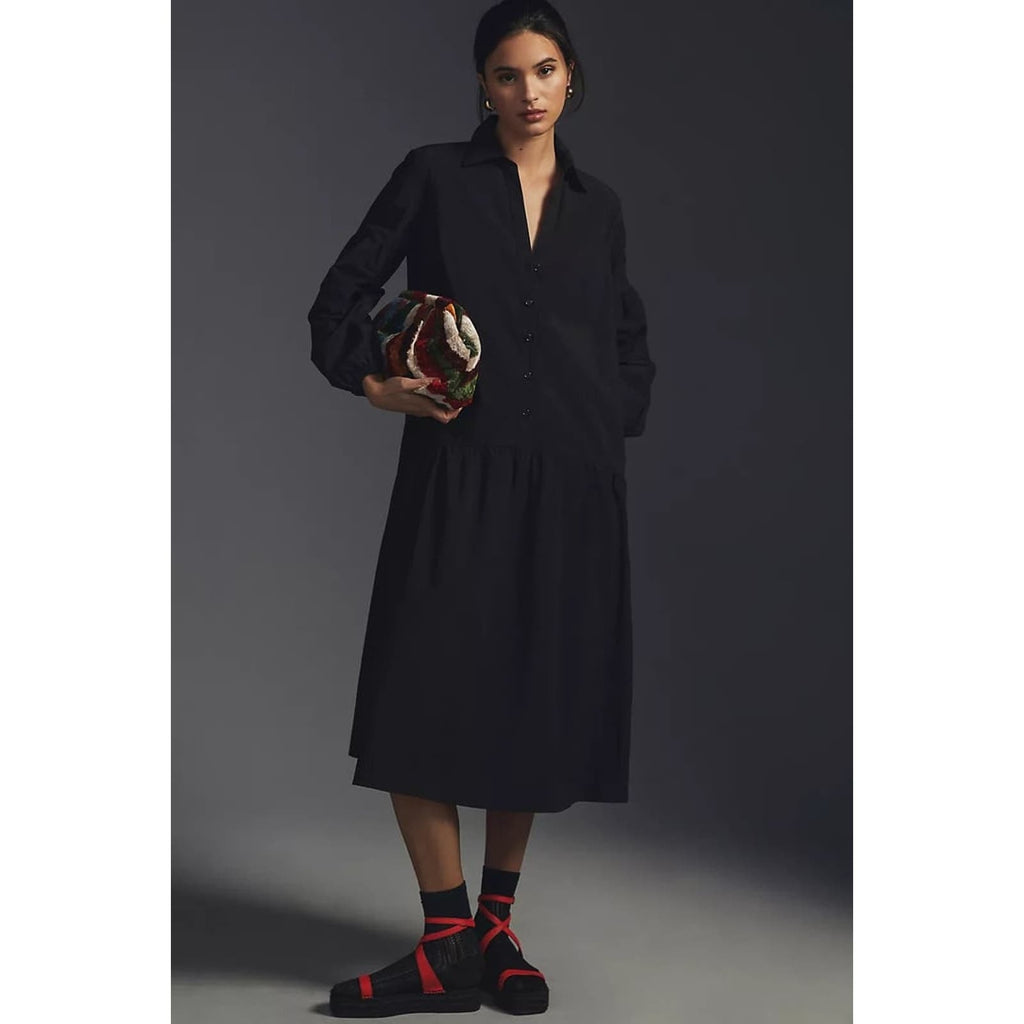 New Anthropologie MAEVE Button-Front Poplin Midi Dress $160 XXS/00 Black
