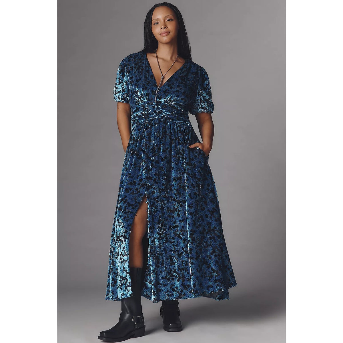 Anthropologie The Katerina Button-Front Dress Velvet Edition Sz M Blue Anthropologie